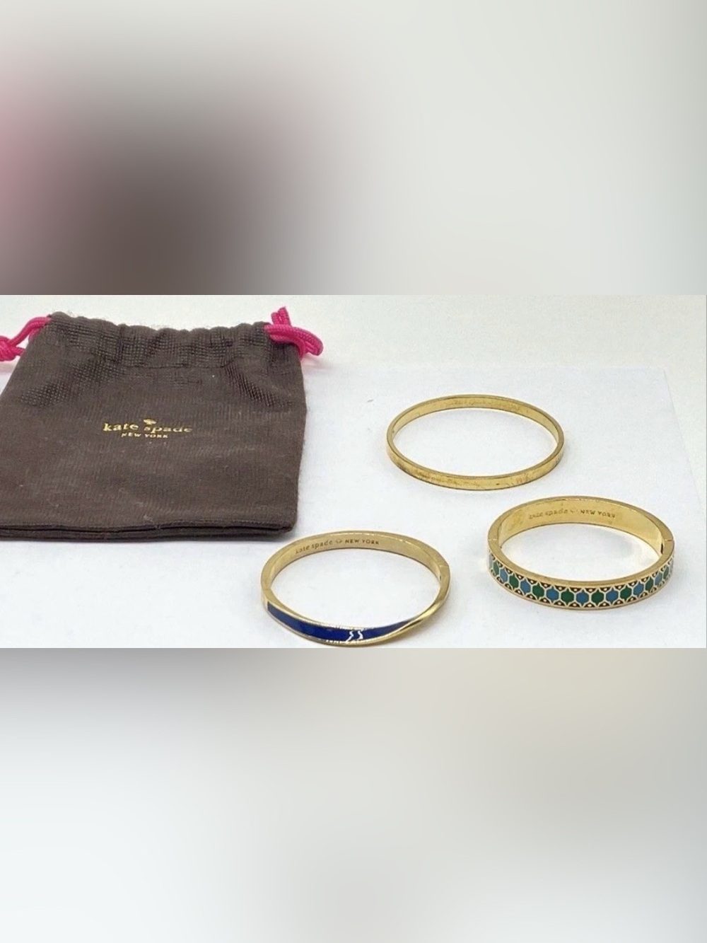 Kate Spade NY Gold Enamel Bangle Bracelet Lot Stack Blue Green Geometric 3pc